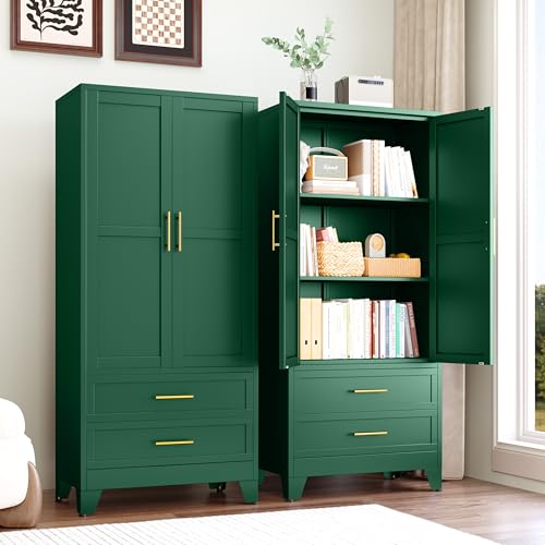 GAIOUS 71" Tall Metal Pantry Cabinet, Steel Storage Cabinets with 2 Doors, 2 Adjustable Shelf and 2 Drawers, Used as Kitchen Cabinet, Freestanding Cupboard for Kitchen, Office, Living Room (Green) GAIOUS
