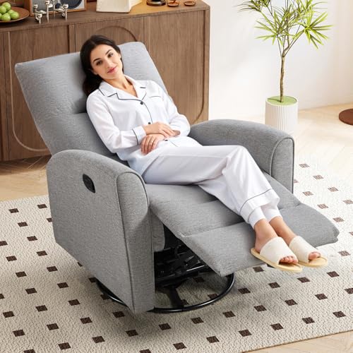 CANMOV Recliner Rocker Swivel Chair, Manual Chenille Glider Rocking Chair, Swivel Glider Recliners with Soft Backrest, 360° Swivel Nursery Reclining Sofa for Living Room Bedroom, Light Grey
