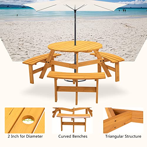 Ufurpie 6 Person Round Picnic Table,Outdoor Wooden Round Picnic Tables w/3 Built-in Benches,Umbrella Hole,Outside Table and Bench Set for Ufurpie