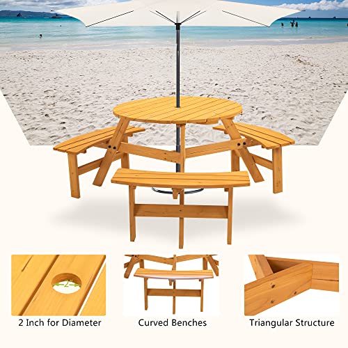 Ufurpie 6 Person Round Picnic Table,Outdoor Wooden Round Picnic Tables w/3 Built-in Benches,Umbrella Hole,Outside Table and Bench Set for - WoodArtSupply