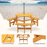 Ufurpie 6 Person Round Picnic Table,Outdoor Wooden Round Picnic Tables w/3 Built-in Benches,Umbrella Hole,Outside Table and Bench Set for Ufurpie