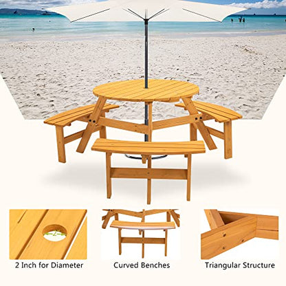 Ufurpie 6 Person Round Picnic Table,Outdoor Wooden Round Picnic Tables w/3 Built-in Benches,Umbrella Hole,Outside Table and Bench Set for - WoodArtSupply