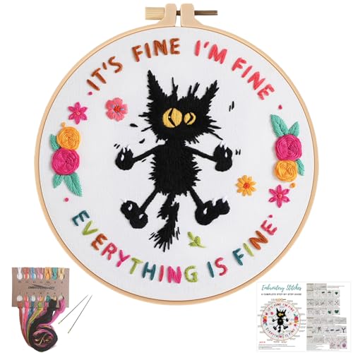 Louise Maelys Cute Cat Embroidery Kits for Beginners,Adults Starter Cross Stitch Kit with Funny Animal Pattern,DIY Needlepoint Everything is Fine