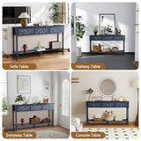 weselon 55.5" Carved Console Table with 3 Drawers, 2-Tier Sofa Table with Glossy Floral Surface and Solid Wood Legs, Mid-Century Modern Entryway Table for Living Room Hallway (Midnight Blue) weselon