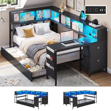 DICTAC Corner Twin Bed Frame with Desk,Charging Station and Bookcase Storage Twin Size Daybed for Kids/Teen with Storage Drawers,Led Lights and Shelves Twin Size Platform Bed Frame with Desk,Black DICTAC