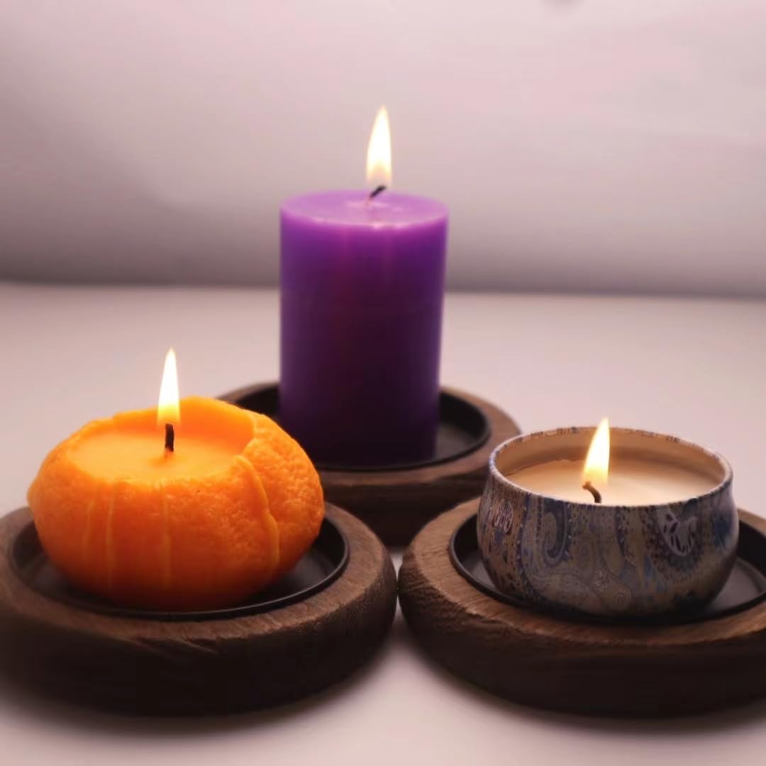 Wood Candle Holder 3 PCS Farmhouse Decor Wooden Pillar Candles Tray for Table Centerpiece Small Decorative Tray Riser Round Wooden Plate Pedestal Stand for Coffee Table for Home Decor Phinicco