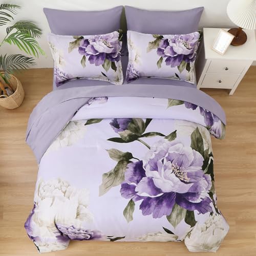 Dobuyly Purple Comforter Set Full Size 7 Piece Bed in a Bag Full, Purple Floral Printed on Light Purple Comforter Set with Sheets, Soft Microfiber Botanical Complete Bedding Set for All Season Dobuyly