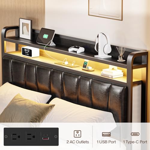 Siihnon Queen Size Bed Frame with 2-Tier Storage Shelves, LED Bed Frame with PU Leather Headboard, Metal Platform Bed with Charging Station, Noise Free, No Box Spring Needed, Easy Assembly, Black Siihnon