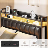 Siihnon Queen Size Bed Frame with 2-Tier Storage Shelves, LED Bed Frame with PU Leather Headboard, Metal Platform Bed with Charging Station, Noise Free, No Box Spring Needed, Easy Assembly, Black Siihnon