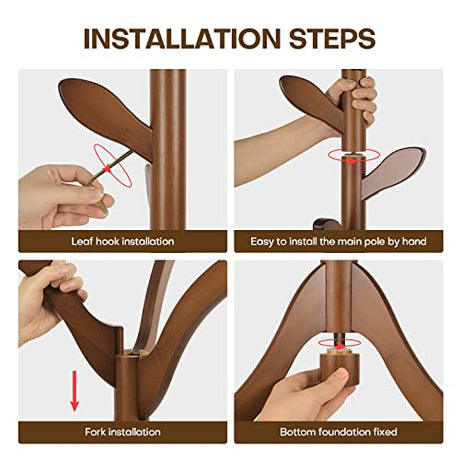 Coat Rack Freestanding Bamboo Coat Tree Rack with 8 Leaf Hooks, 3-Size Height Adjustable for Adults & Younger, Clothes Hanger Stand for Jacket, Hat, Entryway/Hallway/Corner/Bedroom (Vintage Brown) Bekrvio