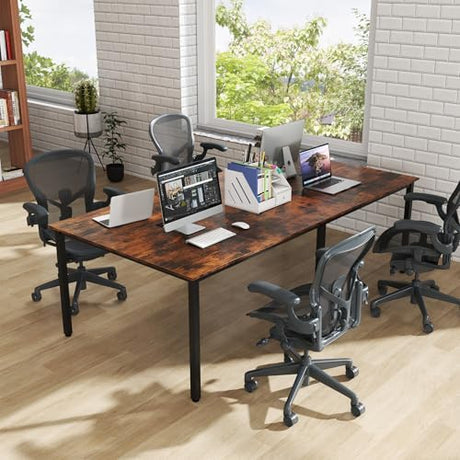 Nightcore Rectangle Conference Table for 10, 8 ft Large Seminar Table with 2 Cable Grommets, Modern Industrial Office Computer Desk with Metal Legs for Boardroom, Meeting Room, Brown Goplus