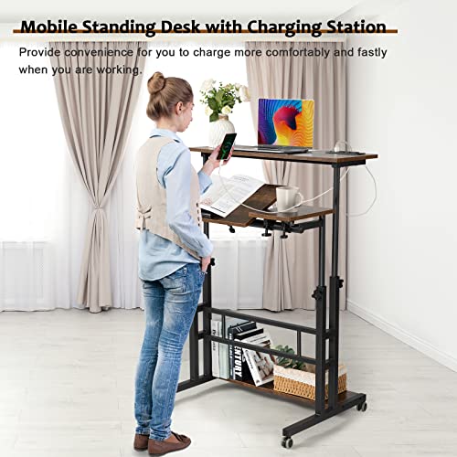 Hadulcet Mobile Standing Desk Adjustable Height, Rolling Desk Stand Up Desk, Mobile Laptop Desk, Rolling Computer Desk with Charging Station, Portable Desk with Wheels, Rustic Brown Hadulcet
