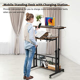 Hadulcet Mobile Standing Desk Adjustable Height, Rolling Desk Stand Up Desk, Mobile Laptop Desk, Rolling Computer Desk with Charging Station, Portable Desk with Wheels, Rustic Brown Hadulcet
