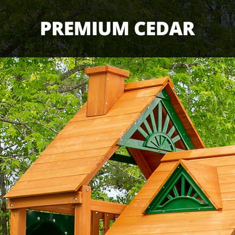 Gorilla Playsets 01-0006-AP Pioneer Peak Wood Swing Set with Wood Roof, Tire Swing, Clatter Bridge and Tower, Ramp, Slide, Two Swings, Amber Gorilla Playsets