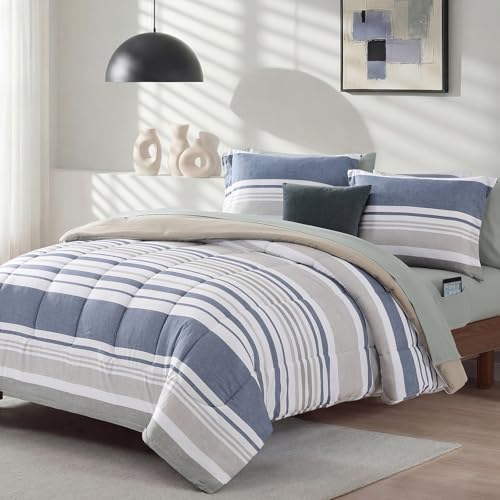 Monbix Full Size Comforter Set - 7 Pieces Bed in a Bag Full, Ocean Blue-Stripe Bedding Sets, All Seasons Comforter Bed Set with Sheets, Pillowcases & Shams Monbix