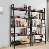 BATHWA 5-Tier Industrial Rustic Ladder Bookshelf - Open Wood and Metal Accent Bookcase BATHWA