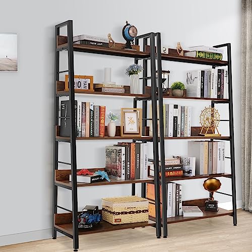 BATHWA 5-Tier Industrial Rustic Ladder Bookshelf - Open Wood and Metal Accent Bookcase - WoodArtSupply