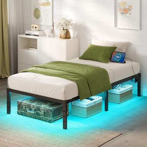 Rolanstar Bed Frame with USB Charging Station, Twin Bed Frame with LED Lights, Platform Bed Frame with Heavy Duty Steel Slats, 14" Storage Space Beneath Bed Rolanstar