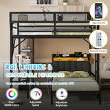 MoproBeti Bunk Bed with Desk,Upper Shelf & Storage Bookshelves,Metal L-Shaped Full Over Twin Bunk Beds with LED & Charge Station,Full Loft Bed w/Ladder,Safety Guardrail for Boys Girls,Black MoproBeti