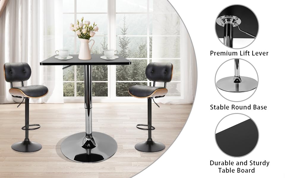 DAERNA Square Pub Table, Black Cocktail Table with 360° Spinning Top,Silver Leg and Base,Cafe Tables, Adjustable Height Range 27.5'' to 35.4'' DAERNA