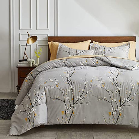 UOZZI BEDDING Gray Twin Size Duvet Cover Set with 2 Pillow Shams-Gray Branch Style 800 TC Zipper Closure 4 Corner Ties Adult Men Women Style Dots Floral White Tree Style Reversible Design UOZZI BEDDING