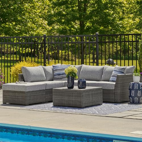 Signature Design by Ashley Petal Road Casual Weather Resistant Cushioned Outdoor Loveseat Sectional/Ottoman/Table Set with 2 Throw Pillows, Set of 4, Gray Signature Design by Ashley