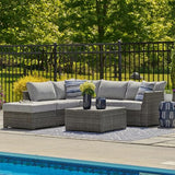 Signature Design by Ashley Petal Road Casual Weather Resistant Cushioned Outdoor Loveseat Sectional/Ottoman/Table Set with 2 Throw Pillows, Set of 4, Gray Signature Design by Ashley