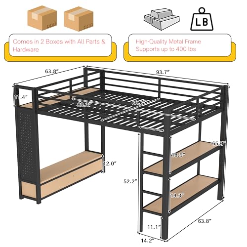 ICIUIOIR Queen Loft Bed Frame with Shelves, Drawers, Pegboard and Wardrobe, All-in-One Black Storage Loft Beds for Adults, MDF + Metal Bed Frame, Space-Saving Design for Bedroom/Queen ICIUIOIR