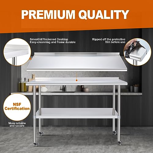 Sapodilla NSF Stainless Steel Worktables with Wheels, 60×24 Inches Commercial Heavy Duty Tables with Backplash and Adjustable Undershelf for Kitchen, Restaurant, Hotel and Garage… - WoodArtSupply