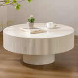 WUPDPQS Round Drum Coffee Table White Round Fluted Coffee Table Wood Circle Coffee Table Circular Pedestal Coffee Table Industrial Center Table for Farmhouse Living Room (White, 30.9 * 30.9 * 13.8") WUPDPQS