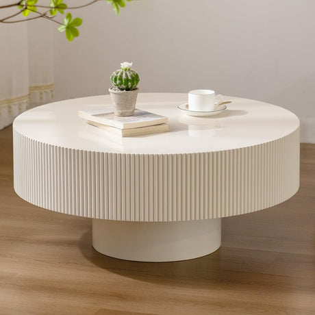 WUPDPQS Round Drum Coffee Table White Round Fluted Coffee Table Wood Circle Coffee Table Circular Pedestal Coffee Table Industrial Center Table for Farmhouse Living Room (White, 30.9 * 30.9 * 13.8") WUPDPQS
