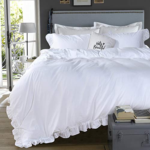 Queen's House White Ruffle Twin Duvet Cover, Washed Cotton Shabby Boho Chic Farmhouse Bedding Comforter Cover 3 Pieces Kids Duvet Quilt Cover Twin Ultra Soft Aesthetic Cute Girls Teen Bedding QSH