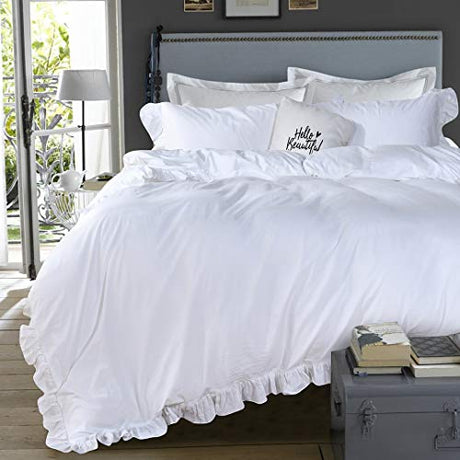Queen's House White Ruffle Twin Duvet Cover, Washed Cotton Shabby Boho Chic Farmhouse Bedding Comforter Cover 3 Pieces Kids Duvet Quilt Cover Twin Ultra Soft Aesthetic Cute Girls Teen Bedding QSH