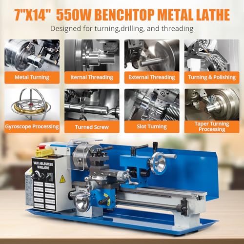 Mini Metal Lathe, 7"x14", Benchtop Metal Lathe, 550W Variable Speed 2250 RPM Metal Lathe, with 9 Metal Gear Mini Lathe Machine, Precision Mini Lathe w/Tool Box Digital Display for Metal Turni - WoodArtSupply