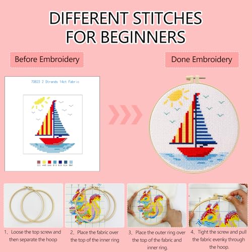 Zhenqing Sailboat Cross Stitch Kit for Beginners with Hoop, 14CT Striped Boat Design, 16x16cm Nautical Embroidery Set (70823)