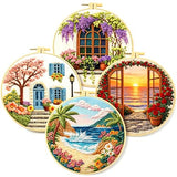 Zhenqing 4 Landscape Scenes Embroidery Kit for Beginners, 4-Pack Circular Designs with 20cm Hoop, Pre-Printed 29x29cm Cotton Fabric & Threads for Home Decor (JC0038)