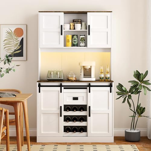 72" Kitchen Pantry with Wine Bar, LED Pantry Cabinet with 2 Sliding Doors & Open Shelf, Versatile Cupboard with 2 Doors & Charging Port for Living Room, Kitchen, Apartment, White AFANLAX