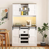 72" Kitchen Pantry with Wine Bar, LED Pantry Cabinet with 2 Sliding Doors & Open Shelf, Versatile Cupboard with 2 Doors & Charging Port for Living Room, Kitchen, Apartment, White AFANLAX