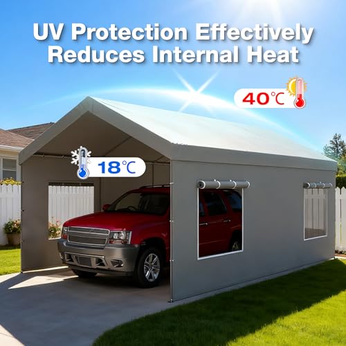 Carport Canopy Replacement Sidewall 20x6.6 FT Fits 10x20, 12x20, 20x20 FT Carport with Roll-up Windows, Waterproof & UV Protected, Easy Assembly with Ball Bungees, Grey (Sidewall Only, 1 Pack) FLOUREE