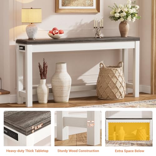 Cyclysio 63" Console Tables for Entryway, Long Console Tables for Living Room, Behind Couch Table, Sturdy Wood Support Farmhouse Entryway Table with 3AC+2USB Charging‌ Station, Oak Grey Cyclysio
