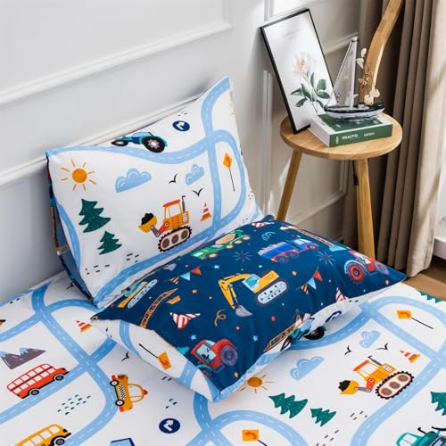 Holawakaka Trucks Tractors Cars Boy Bedding Comforter Set with Sheets, Twin Size Cartoon Construction Car Excavator Print Kids Bed in A Bag 5-Piece, Boys Reversible Dorm Bed Sets (Navy Blue Twin) Holawakaka