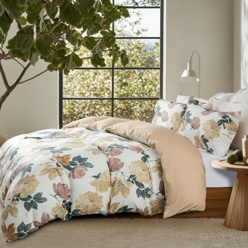 OAITE Duvet Cover King Size,Reversible Blooming Flower Orange Duvet Cover Set with Zipper Closure, 3 Pieces Modern Patterns Soft Microfiber Bedding Set with 8 Ties(104’’*90’’,2 Pillow Cases) OAITE