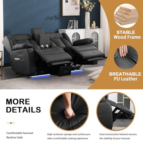 DUNELLA 66" Power Loveseat Recliner Sofa, Home Theater Seating with Console, Electric Recliner RV Sofa with USB/Type-C/Storage/Side Pocket/LED Light for Travel Trailers (Black) DUNELLA