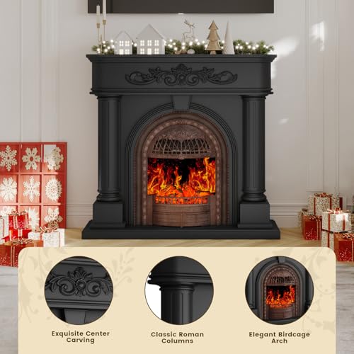 50” Solid Wood Electric Fireplace with Mantel, Black Roman Column TV Stand with Antique Bronze Finish Birdcage Heater Insert, Elegant Fireplace for Living Room, Bedroom & Entryway BLANKSPACE