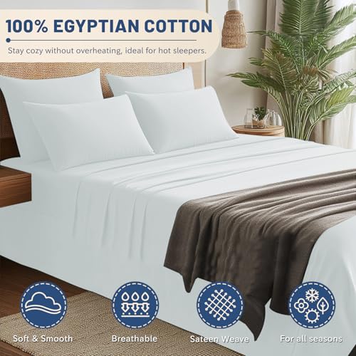MEISHANG Extra Deep Pocket King Sheets - 600 Thread Count Sheets - Fits 18"-24" in Deep Mattress,100% Egyptian Cotton,Sateen Weave, Soft & Breathable - 4 Piece (King, White) MEISHANG