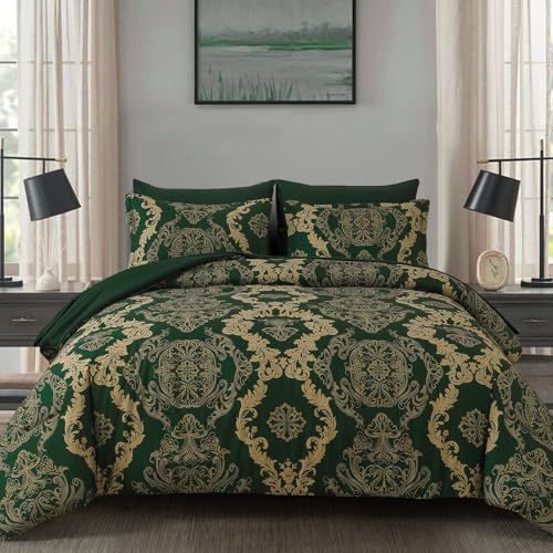 WONGS BEDDING Green Damask King Size Comforter Set, 7 Piece Texture Microfiber Comforter Bedding Set for All Season, Bed in a Bag with Comforter, Flat Sheet, Fitted Sheet, Pillowcases & Shams WONGS BEDDING
