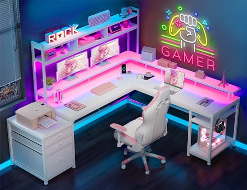 EnHomee Computer Desk with Drawers 66" Reversible Gaming Computer Desk with LED Light & Power Outlets White L Shaped Gaming Desk with Monitor Stand & Shelves Home Office Desks for Gaming Room EnHomee