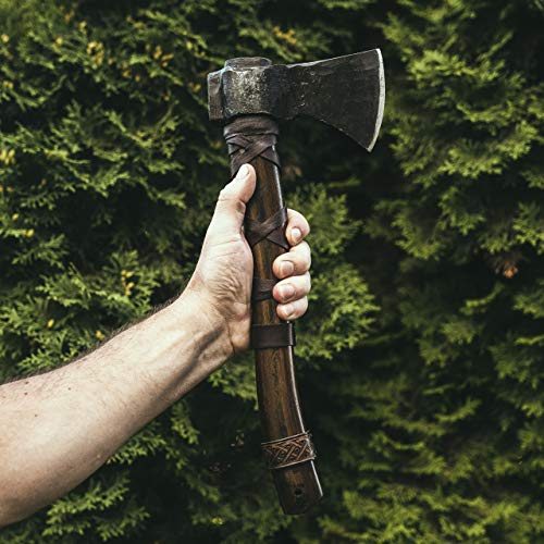 Norse Tradesman 14" Viking Throwing Axe - Fully Sharpened Norse Hand-Axe - Carbon Steel Axe Head with Premium Leather Cross-Stitch Norse Tradesman