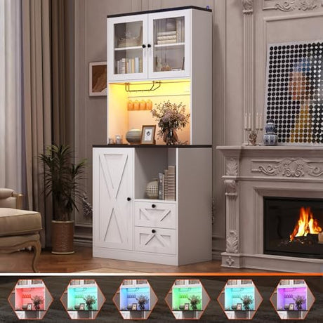 CBBPET 71" Tall Coffee Bar Cabinet with Storage Hutch, Farmhouse Kitchen Pantry Cabinet with LED Lights Microwave Stand and Glass Holder for Home Dining Room Kitchen,White CBBPET