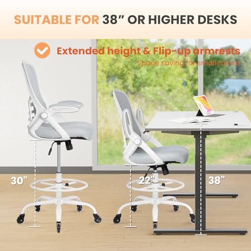 HYLONE Drafting Chair Tall Office, Ergonomic Standing Desk Stool Adjustable Drafting Chair Big Tall Drafting Office Chair White HYLONE
